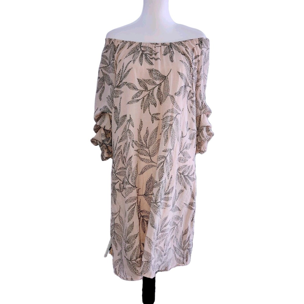 Indigo‎ Rose Blush & Black Abstract Floral Dress W Ruched Sleeves Knee Length 1X